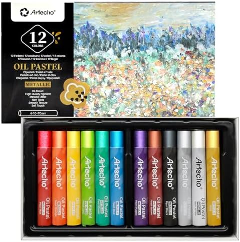 Artecho Metallic Oil Pastels Set of 12 Colors (10 x 70 mm) | Soft Oil Pastels, For Art Painting, Drawing, Blending, For Artists, Beginners, Students, Teachers