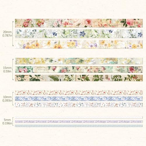Vintage Botanical Scrapbooking Supplies Kit, Aesthetic Flower Scrapbook Kit for Bullet Junk Journal, 12 Rolls Washi Tape, Stickers Papers for DIY Journaling Supplies, Craft Gift for Girl Women