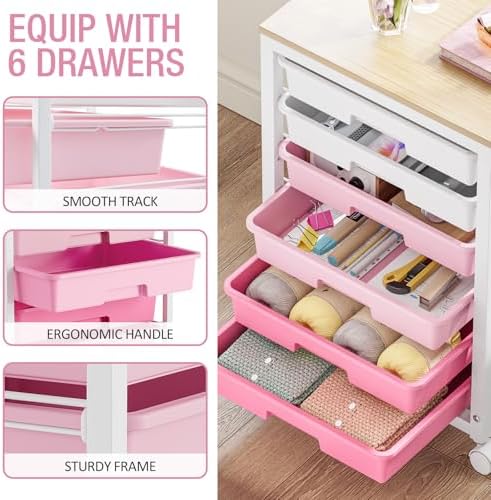 Sykiariol Rolling Cart with 6 Drawers,Pink