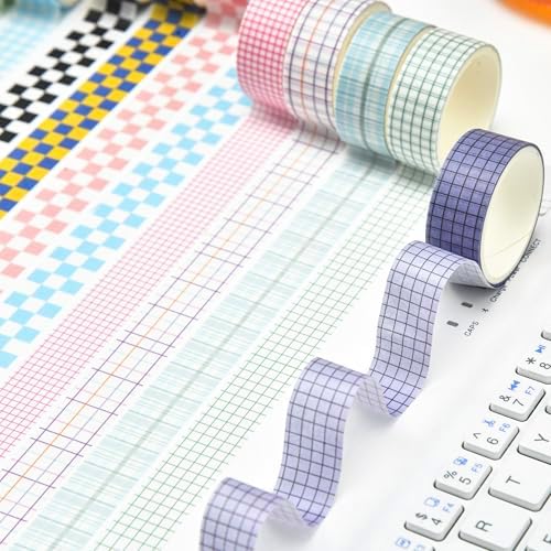 12 Rolls Grid Washi Tape Set Plaid Arts Adhesive Tapes Basic Patterns Decorative Masking Tape Sets for Craft, Kids, Scrapbook, DIY, Gift Wrapping (Style Three)
