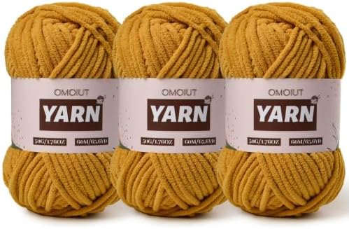 3 Packs Plush Chenille Chunky Crochet Yarn - Baby Yarn for Crocheting Soft - Velvet Yarn Knitting for Blankets Crafts - Fluffy Amigurumi Yarn 150g / 196.8yds (3 Turmeric)