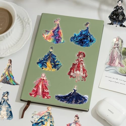 50 Pcs PET Transparent Princess Gown Stickers, Waterproof Vinyl Elegant Dress Decals for Laptop Skateboard Luggage, Colorful Ball Gown Stickers Gift for Kids Teens Adults(Princess)
