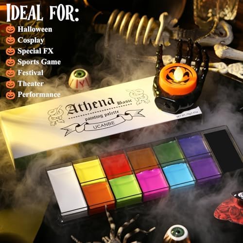 UCANBE Athena Basic Face Body Paint Oil Palette, 12 Color Large Black White Professional Face Painting Makeup Kit, Facepaint Pallet for Halloween SFX Party Art Stage Costume Cosplay Clown Goth Make Up
