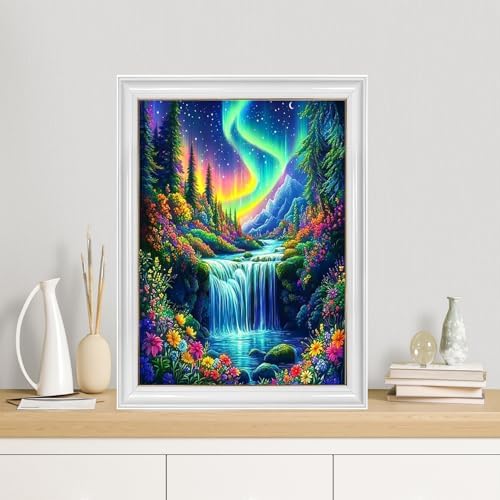TYPUSOK Aurora Diamond Art Kits for Adults,Waterfall Round Full Drill 5D Diamond Painting Kits for Beginners,Landscape DIY Diamond Dots Pictures Gem Art Kit,Home Wall Decor 12x16in