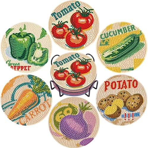 DOTSOPS 6 Pcs Vegetable Diamond Painting Coasters with Holder for Beginners