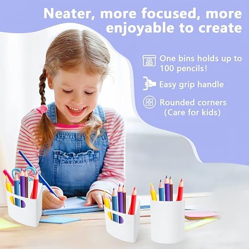 Rotating Art Supply Organizer Storage Caddy for Kids, 7 Bins Craft Crayon Marker Organizers for School Desk, Lazy Susan Pencil Holder for Classroom Organizations (gray and white)