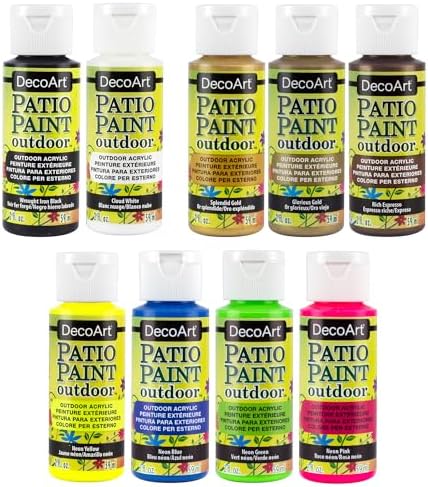 DecoArt Patio Outdoor Paint Set – 9 Neon & Metallic Colors (2 fl oz Bottles) – Outdoor Weatherproof Paints for Garden, Patio & Creative DIY Projects
