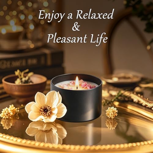 8oz Black Candle Tins with Wood Grain Lids, Matte Jars for Candle Making, Empty Metal Container, Bulk Empty Containers for Beginners & DIY Storage (Black with Woodgrain Lid, 8oz-12pcs)