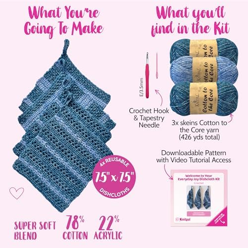 KnitPal Dishcloth Crochet Kit for Beginners (Jean Blue + Sky Blue)