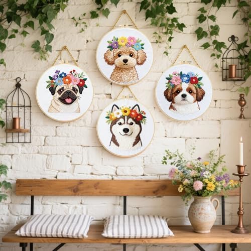 FREEBLOSS 4 Set Embroidery Kit Dog and Flower Stamped Embroidery Starter Kit with Step By Step Instructions, Colored Threads, 2 Hoops, Needlepoint Kits for Hand Craft Lovers Gift, 30cm/11.8inch