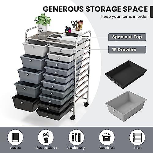 GOFLAME 15-Drawer Rolling Storage Cart, Craft Storage Cart with Removable Drawers & Lockable Wheels, Art Cart Supply Storage Organizer for Home Office Classroom, Gray Gradient