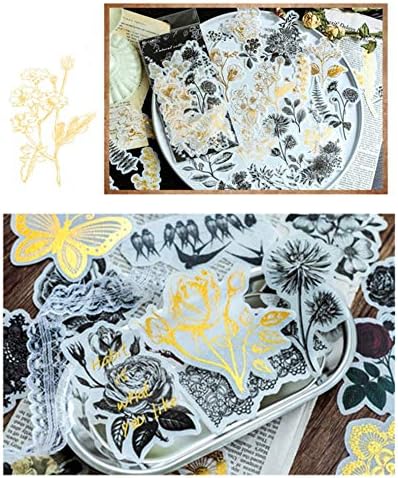 Vintage Zen Botany Flower Washi Sticker Pack, Artsy Natural Black-and-White Plants with Golden Sketch Decals Collection, Wild Plants Gray and Gold Set – 120 Pcs