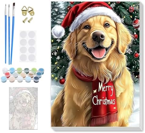 SENQAO Christmas Paint by Numbers for Adults Framed, Golden Retriever Adults' Paint-by-Number Kits, Adult Paint by Number Kits on Canvas, Acrylic Number Painting for Home Decor, 8x12in