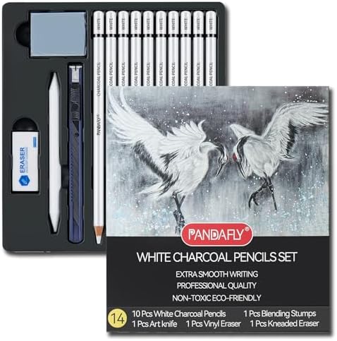 PANDAFLY Professional White Charcoal Pencils Set, 14 Piece