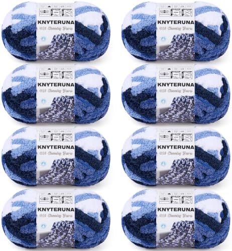 Chunky Yarn for Hand Knitting, #10 Chunky Blanket Chenille Yarn, Large Bulky Thick Jumbo Yarn, Super Chunky Knit Yarn for Crocheting, 8 Skein (8oz,20yds Each Skein), Tie Dye Multi Blue&White