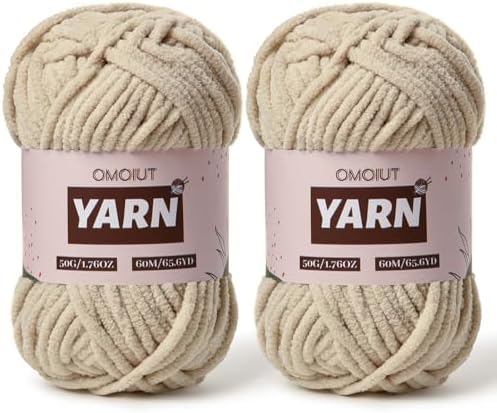 2 Packs Plush Chenille Chunky Crochet Yarn - Baby Yarn for Crocheting Soft - Velvet Yarns Knitting for Blankets Crafts - Fluffy Amigurumi Yarns 100g/131yds (2 Light Khaki)