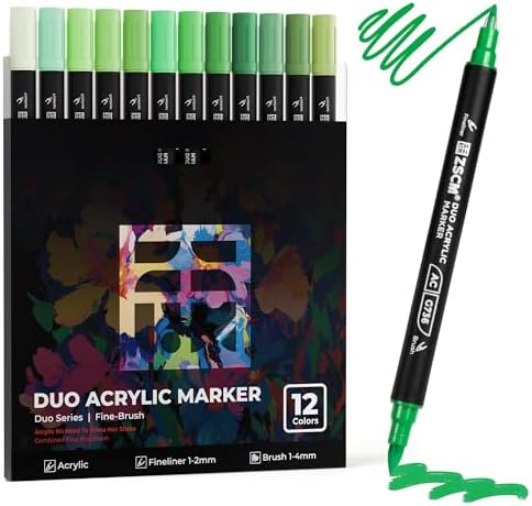 ZSCM 12 Green Acrylic Paint Markers, Dual Fine & Brush Tip Acrylic Pens