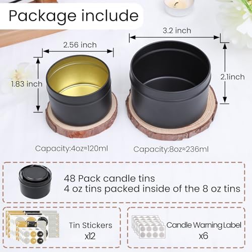 CONNOO 48 Pack - 24pcs 8oz & 24pcs 4oz Matte Black Candle Tins with Lids