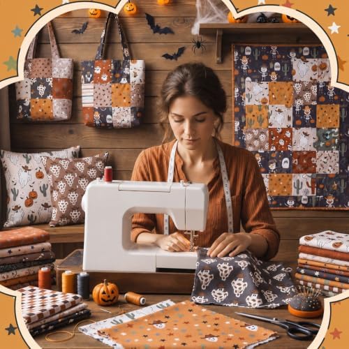 HunnmingRe 20 Pcs 10''x10'' Western Halloween Quilting Fabric Square Cowboy Ghost Precut Quiltted Fabric Cactus Pumpkin Lantern Cow Printed Patchwork Materials for Wild West Sewing DIY Craft Supplies