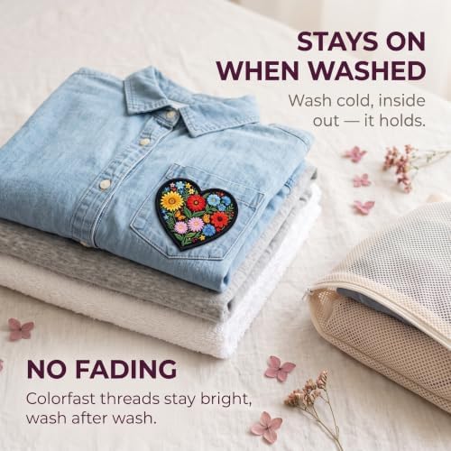 Heart Flower Patches for Clothes 3 inch - Iron On Heart Patches for Backpacks Gift, DIY Applique Accessories, Trucker Hats - Wildflower Applique Embroidery Patch