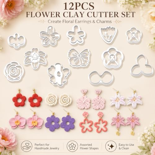 12Pcs Flower Polymer Clay Cutters, Floral Earring Making Molds