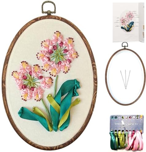 FONNUY Ribbon Embroidery 3D Flowers Pattern Design Kit Embroidery DIY Handwork Set Oval Home Decoration (Pink Crabapple)