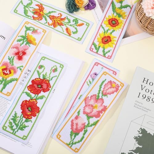 ORIGACH 6 Set Flowers Cross Stitch Bookmark Kit for Beginner with Backing Felt Floss Instructions DIY Stamped Embroidery Bookmark Kit for Adults, Book Lovers