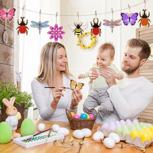 Sophena 80PCS Wooden Spring Ornaments to Paint, 8 Styles DIY Blank Unfinished Wood Insect Cutouts Ornament for Crafts Hanging Decorations, Dragonfly Butterfly Flower Shape Home Decorations Gifts