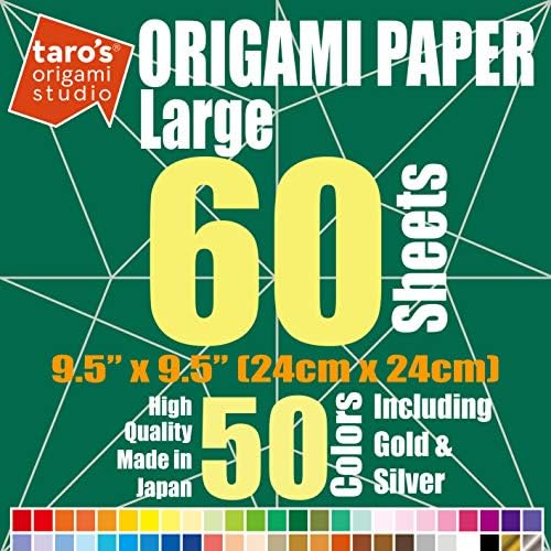 [Taro's Origami Studio] Large 9.5 Inch One Sided 50 Colors 60 Sheets Square Easy Fold Premium Japanese Paper for Beginner (Gold and Silver Included)