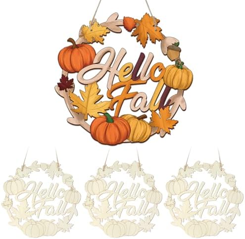 Unfinished Fall Wreaths Wood Crafts to Paint Set of 3, 11" Bulk Autumn Leaves Pumpkin Wreath Ornaments for Painting, Unfinished Wood Cutouts DIY Ornaments for Front Door with Ropes