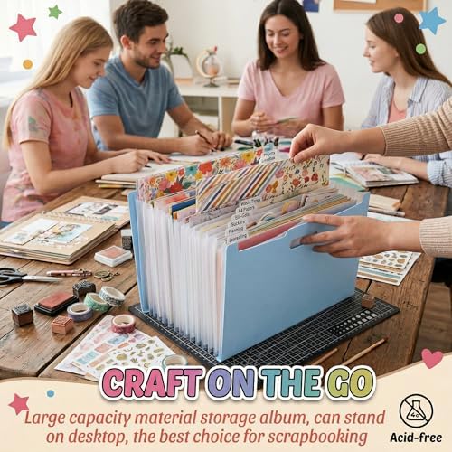 12x12 Scrapbook Paper Storage Organizer, Expandable 13 Pocket Desktop Paper Organizer Storage for Scrapbook Essentials, Large Scrapbook Storage for Photos, Washi Tape, Sticker (Light Blue)