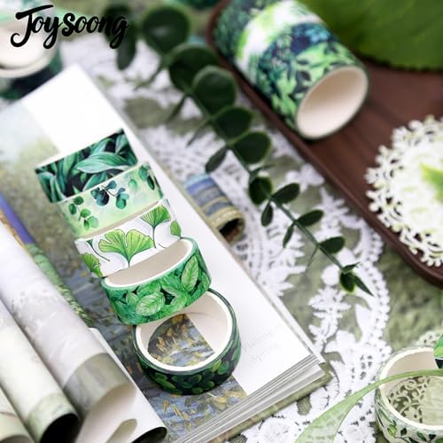 Botanical Green Washi Tape Set- 16 Rolls Leaf Themed Decorative Tape for Journals & Nature Crafts Scrapbooks (0.6" x 10 ft) - Monstera, Bamboo, Olive, Ginkgo, Mint Leaves
