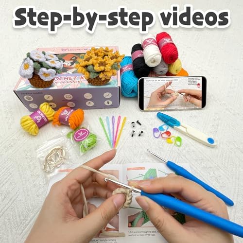 Crochet Kit for Beginners, Learn Crochet Flower Coaster Kit, Include Video Tutorial & Manual, Easy Knitting Yarn for Adult Amigurumi, DIY Holiday Birthday Gift Idea(Sunflower & Daisy)