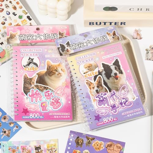 Cat and Dog Stickers Book Set 2 in 1,Value Set with 1600 Stickers 60 Pages Meme Sticker Books for Scrapbook Journal and Planner Coil Bound Sticker Albums