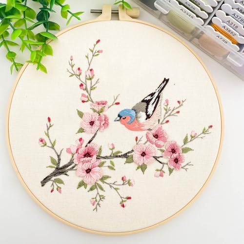 Silentsea Bird & Pink Blossoms Embroidery Kit – All-Inclusive DIY Cross Stitch Set with Pre-Printed Fabric, Threads, Needle, and Hoop for Adults – Perfect for Craft Lovers & Relaxation