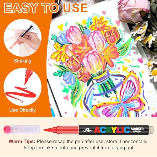 48 Colors Soft Brush Tip Acrylic Markers Set, Paint Pens for Rock, Wood, Fabric, Canvas, Glass, DIY Crafts, Waterproof Paint Markers, Vibrant Acrylic Pens for Artists and Art Projects