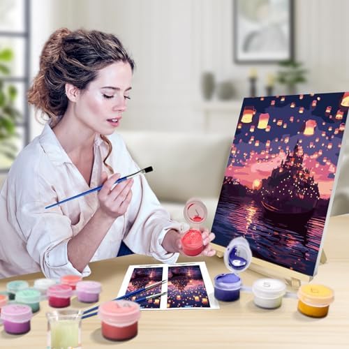 JOOZ Paint by Numbers Kit for Adults with Frame, Castle Paint by Number with Easel, DIY Sunset Boat Easy Paint by Numbers Landscape for Home Wall Decor 8 x 12 Inch