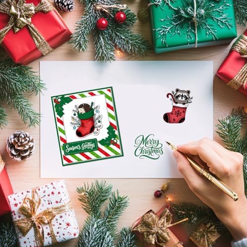 GLOBLELAND Christmas Stocking Animals Clear Stamps for Card Making Owl Raccoon Hedgehog Silicone Clear Stamps Greetings Transparent Stamp Seal for DIY Scrapbooking