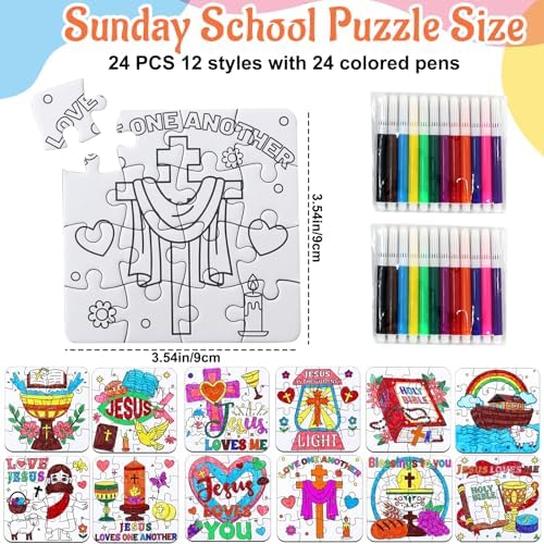 24 Sets Sunday School Crafts for Kids Ages 4-8, Christian VBS Craft Puzzle Jesus Cross Bible, Religious Arts Gifts for Classroom DIY Activity, Back to School Party Favors, Coloring Game Bulk Supplies