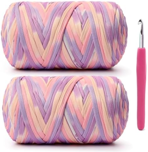 2 Pack Soft Tshirt Crochet Yarn, 800g/228yds High Elastic Hand Knitting Yarns, Thick T Shirt Yarn for Crocheting Bags, Baskets, Cushions, DIY Crafts(Pinkish Purple + Pinkish Purple)