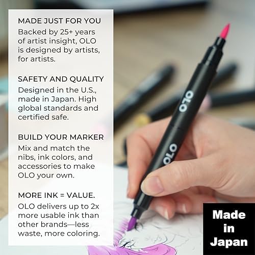 OLO 32pc Basic set 2, Brush Tip Alcohol Markers. Customizable with Innovative Ink Flow. Professional Dual Tip Art Markers for Illustration, Sketching, Drawing, Manga, Paper Craft, Cardmaking