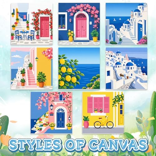 Nezyo 8 Sets 8 x 8 Inch Paint by Numbers Kit for Adult Beginners with Wooden Easels Acrylic Paint by Number Landscape Paintings Kits for DIY Party Home Decor Gift(Town)
