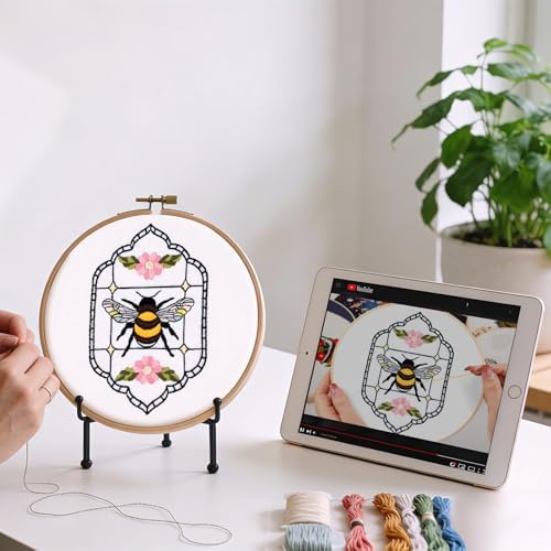 Armindou Flowers Bee Embroidery Kits for Beginners Adults, Floral Hand Embroidery Set Needlepoint DIY Kits, Stamped Cross Stitch Kits for Beginners Adults, 2 Embroidery Hoops (Attached Video Tutorial)