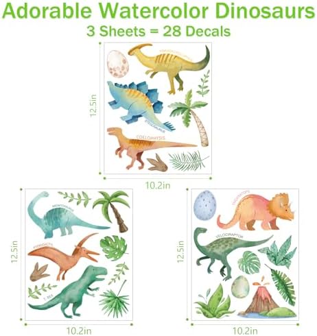 AOWDIAO Watercolor Dinosaur Wall Decals - 28 Pcs Peel and Stick Dino Decor for Boys’ Bedroom, Nursery & Classroom