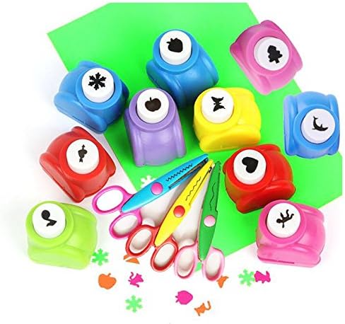 Fascola 10 PCS Craft Punch + 3 PCS Creative Scissors + 50 PCS Colorful Self Adhesive Paper for Card Scrapbooking Engraving Kid Cut DIY Handmade