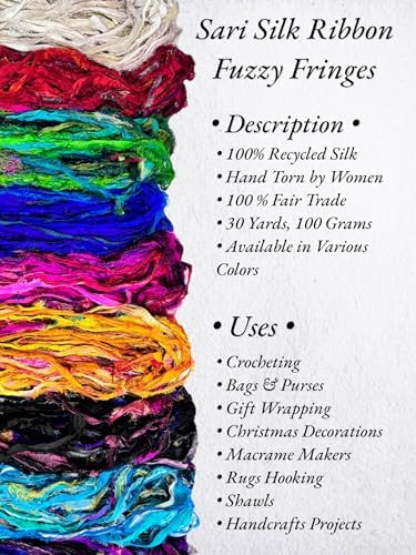 Maker's Craft Recycled Fuzzy Fringes Sari Silk Ribbon Yarn 35yards, 100Grams for DIY Knitting Crocheting Gift Wrapping, Christmas Decoration, Macrame Makers, Jewelry Making, Rugs Hooking (Yellow)