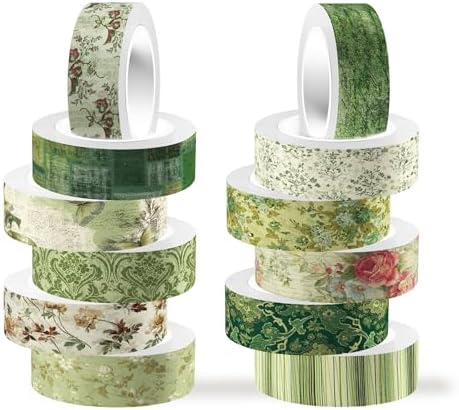 12 Pcs Green Floral Washi Tape Vintage Flower Pattern Masking Tape Decorations Green Floral Decorative Paper Sticker for Vintage Spring DIY Craft Gift Wrapping