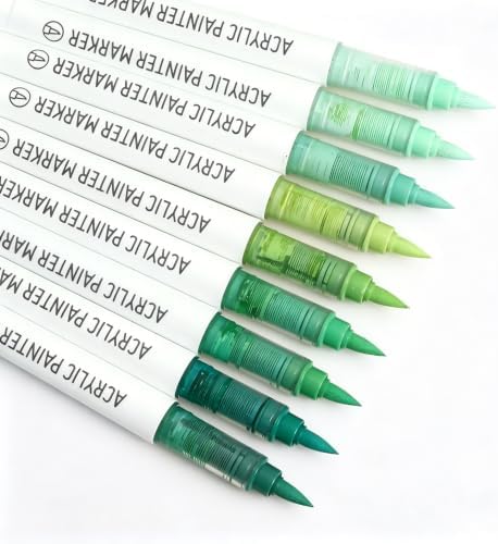 languo Acrylic Paint Markers, 9 Colors Green Series, Soft Brush Tip