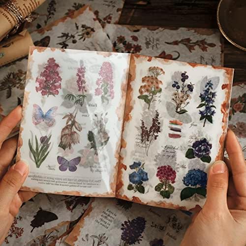 Dizdkizd Flower Sticker Book for Journaling, 20 Sheets (150 Pieces) Translucent Washi Stickers for Scrapbooking, Junk Journals, Planners