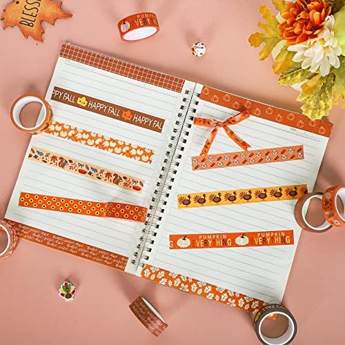 Whaline 12 Rolls Fall Thanksgiving Washi Tapes Assorted Autumn Pattern Decorative Tapes Pumpkin Turkey Dots Masking Tape for Fall Thanksgiving Scrapbook Journal DIY Craft Gift Wrapping, 0.6Inch